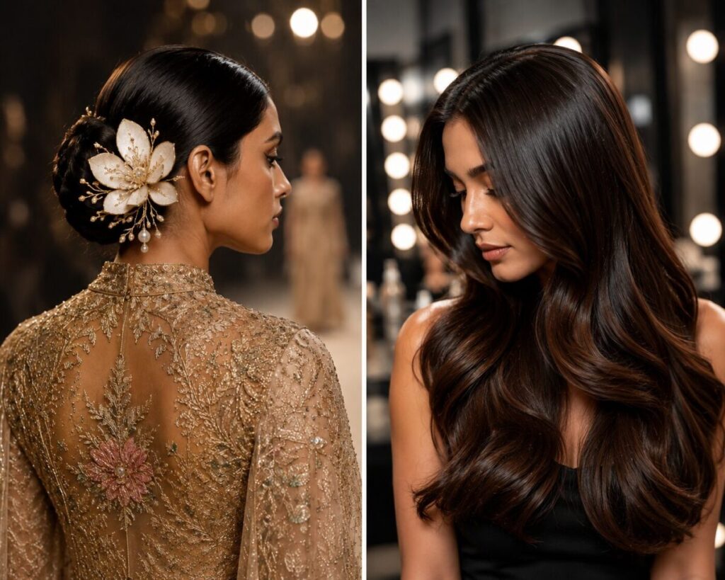 India Couture Week 2026 Hair Highlights – Magnolia Accessory and Effortless Luxury Hair India Couture Week 2026 hair highlights showcasing a magnolia-inspired couture hairstyle alongside glossy, healthy hair with the effortless luxury trend.