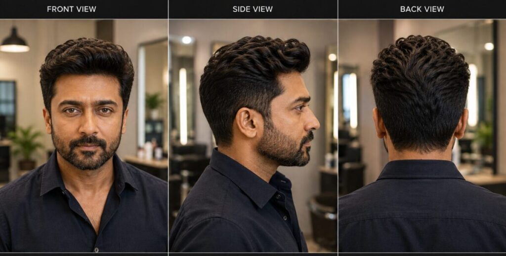 Suriya-inspired medium-length businessman hairstyle with neat sides, shown from front, side and back views