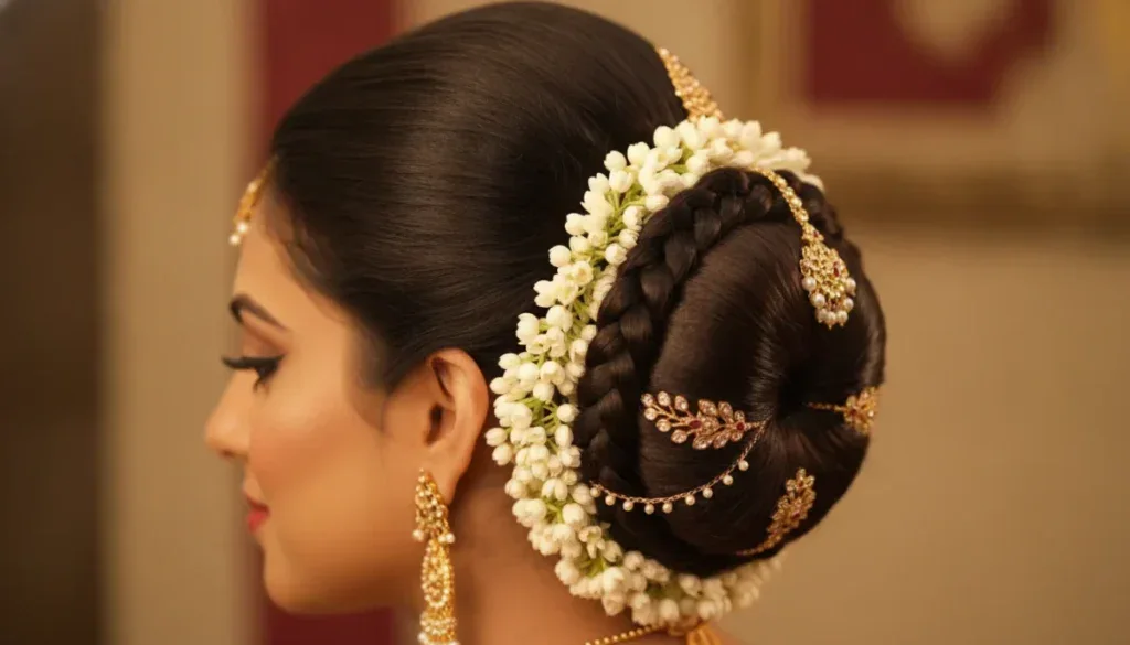 Bridal hairstyle back view with fresh flowers, Toni&Guy Essensuals Anna Nagar Madurai
